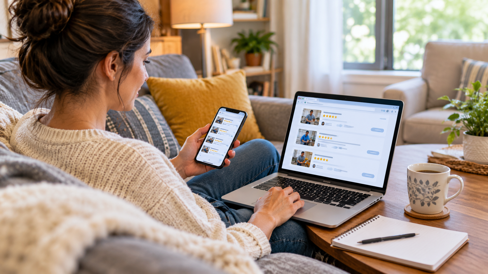 Homeowner comparing local painting contractors and customer reviews online