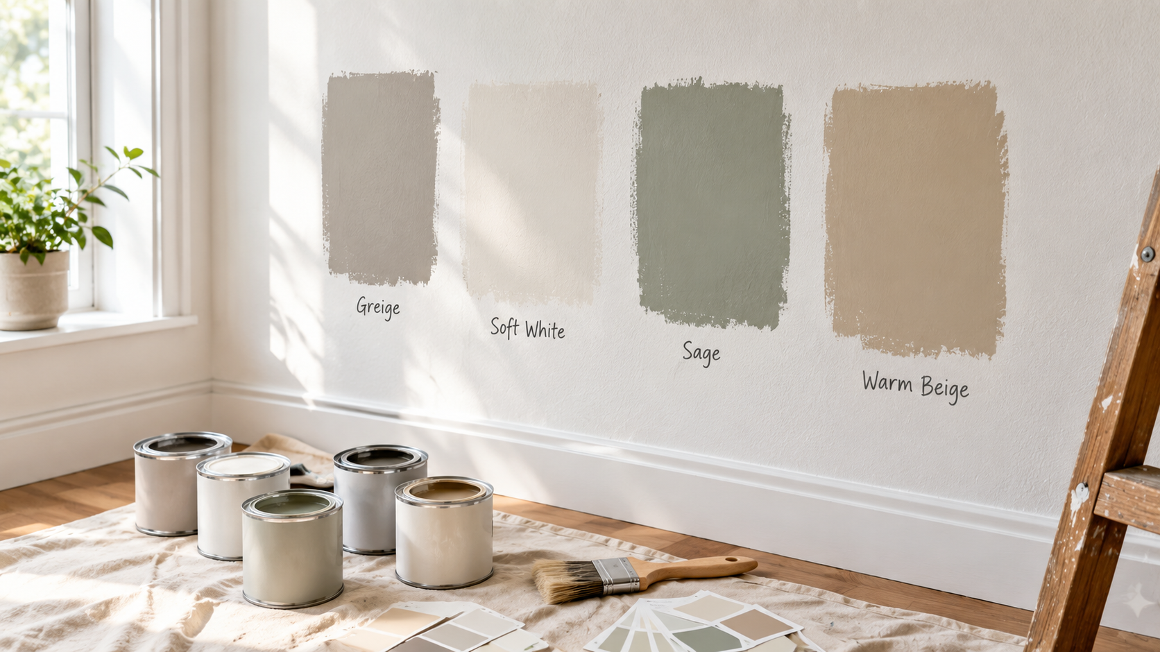 Paint color samples tested on a wall in natural daylight