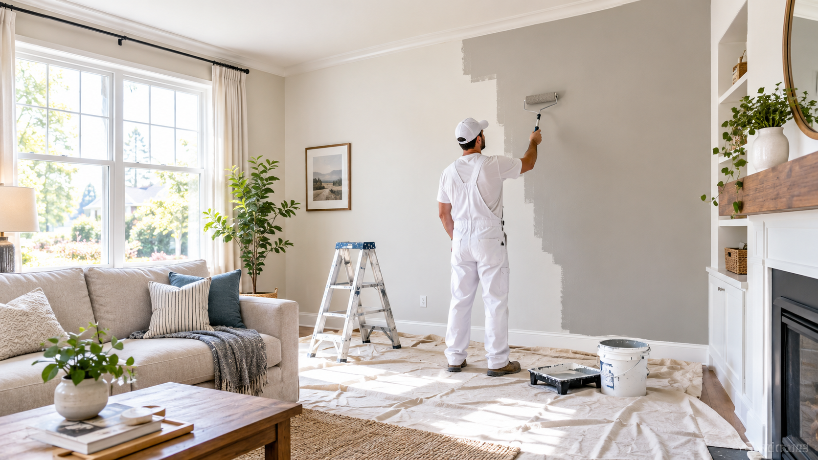 Professional painter rolling fresh gray paint on a living room wall