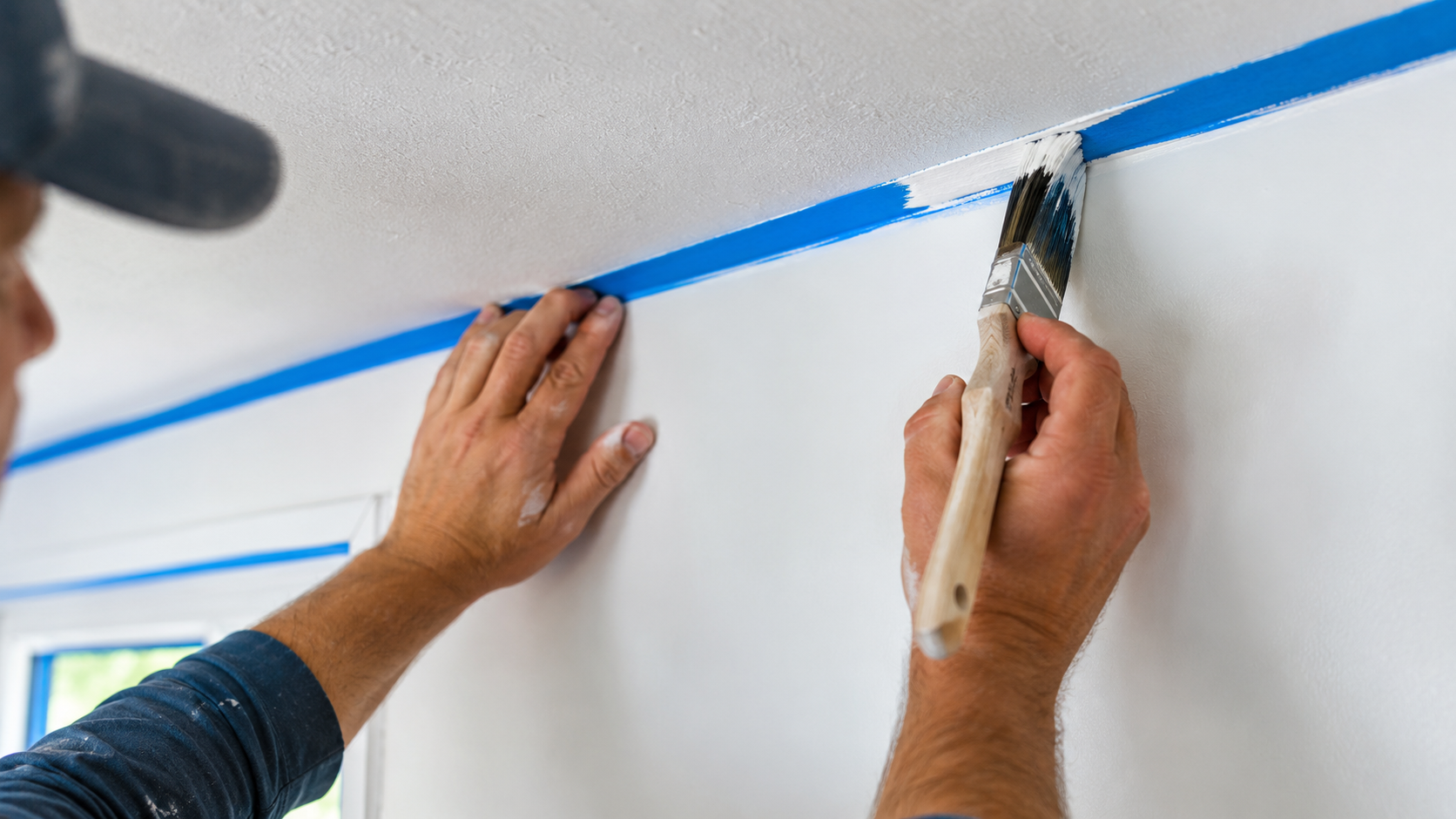 Painter cutting in a clean edge along trim during surface preparation