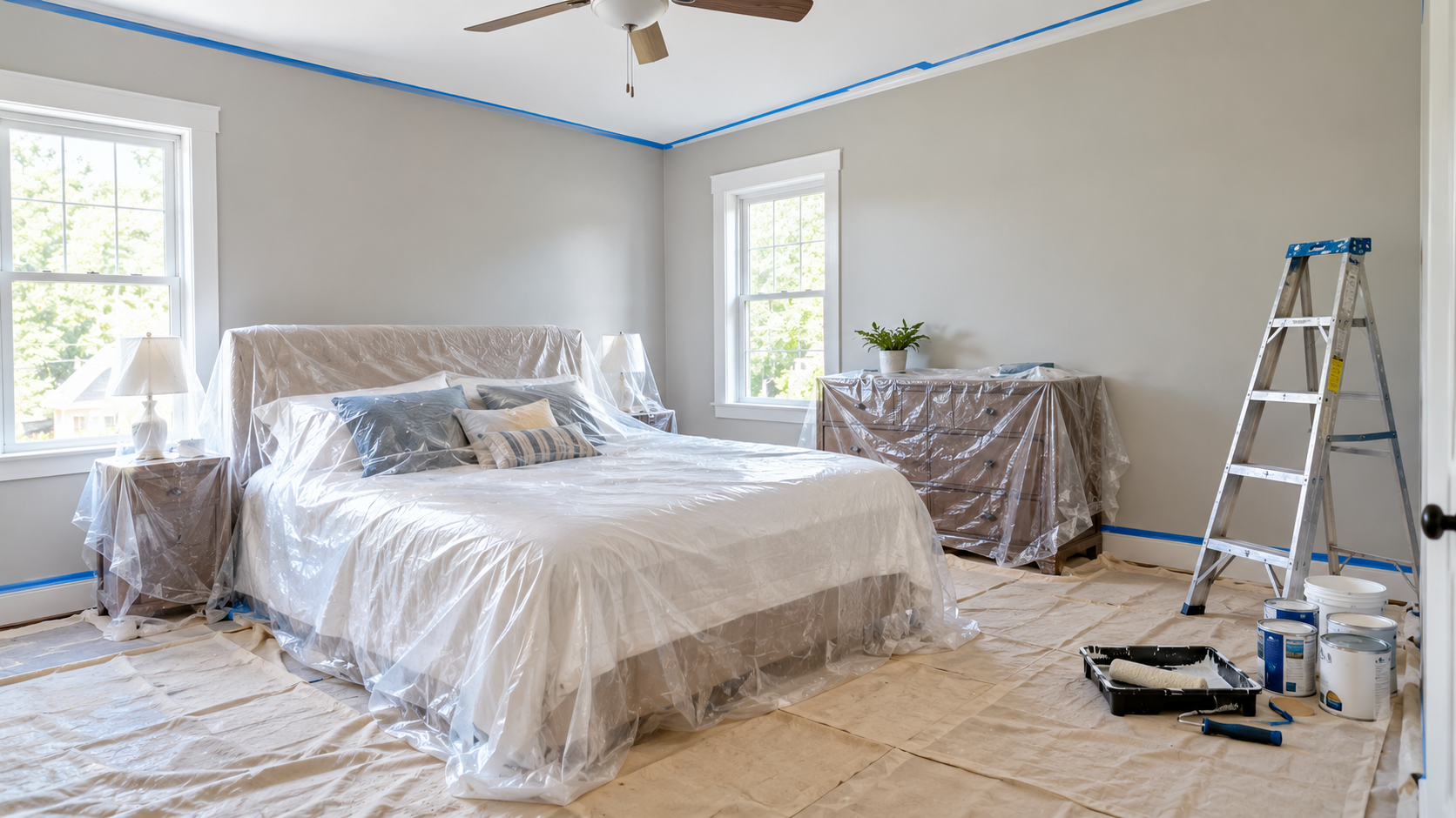Room cleared and covered with drop cloths before interior painting begins