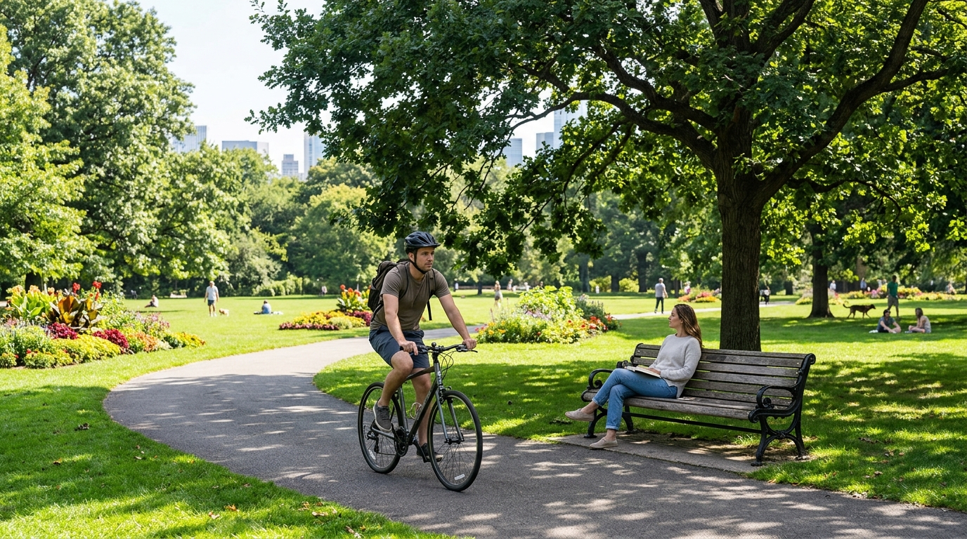 cyclist and person resting on a park bench showing balance of movement and rest outdoors