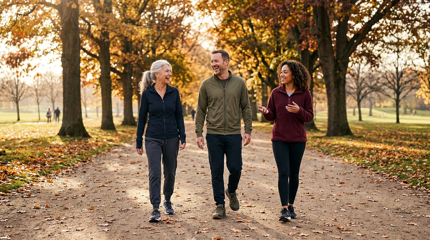 friends walking together on a park path enjoying a sustainable outdoor fitness routine