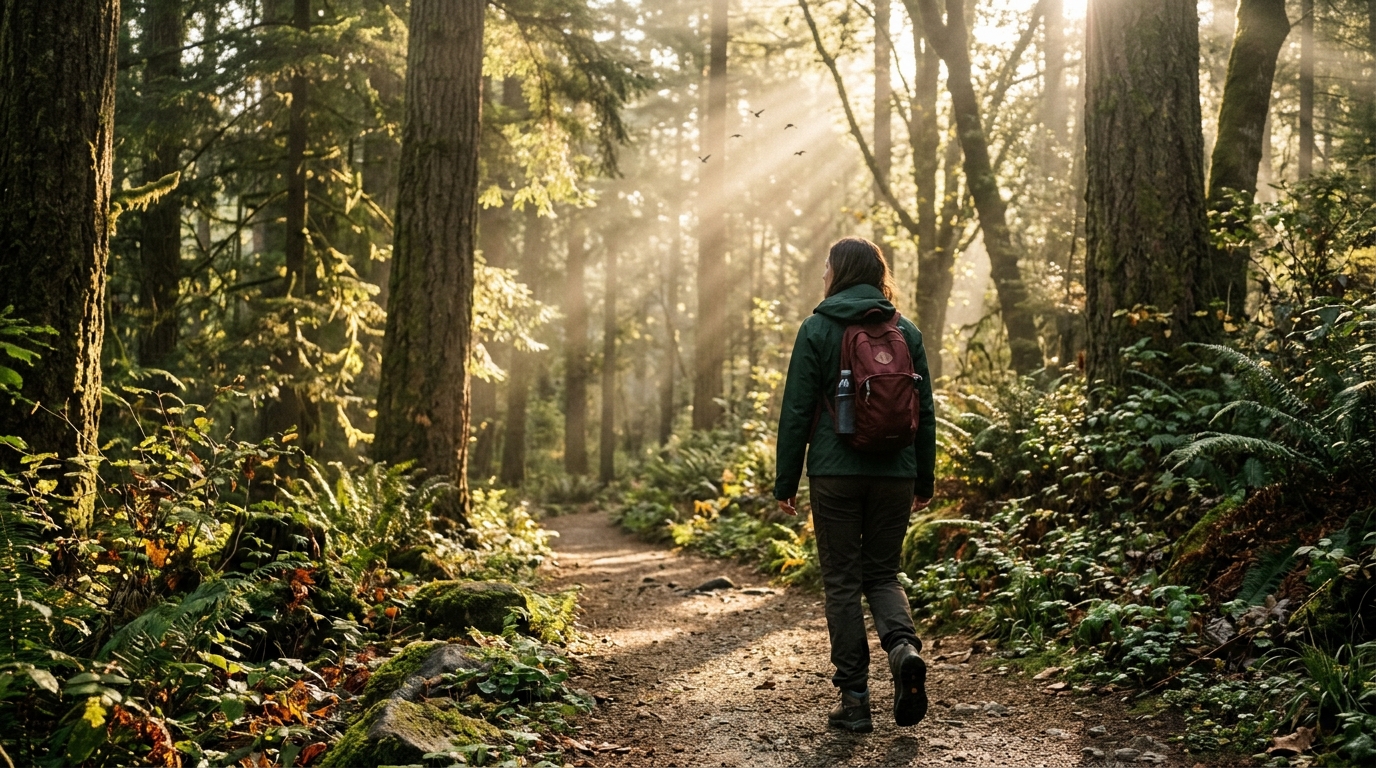 hiker on a forest nature trail during a weekend hike for a balanced outdoor week
