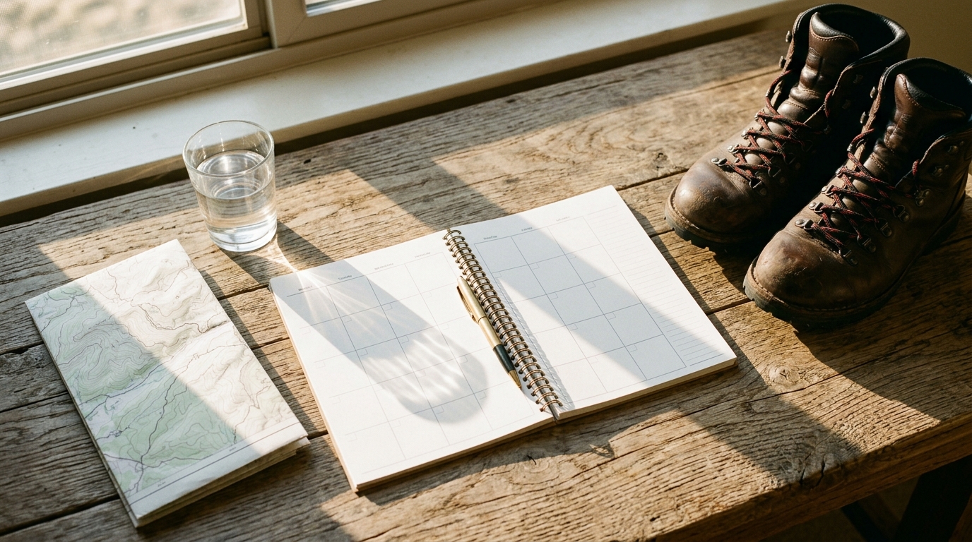 weekly planner with hiking boots and water bottle for planning a balanced outdoor routine